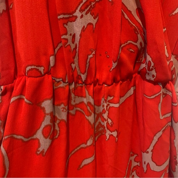 Revolve Karina Grimaldi Red Orange Jumpsuit V neck Patterned Pantsuit Style - Picture 9 of 11